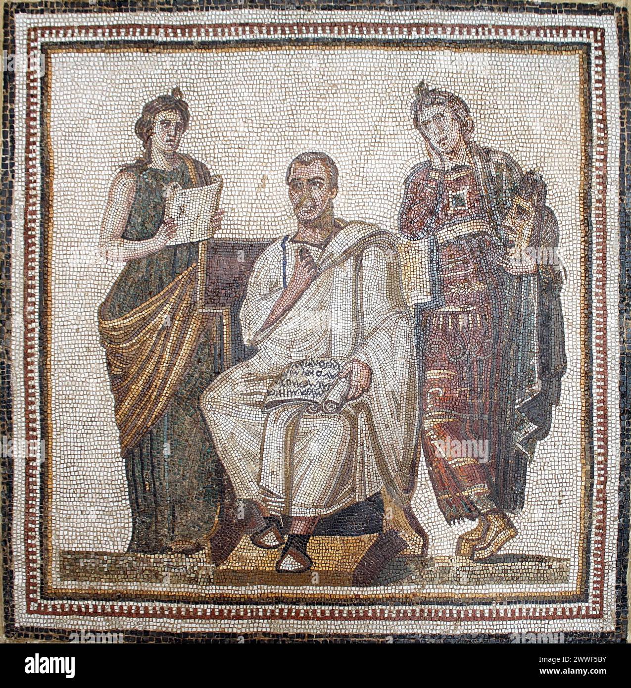A 3rd-century Roman mosaic of Virgil seated between Clio and Melpomene (from Hadrumetum [Sousse], Tunisia) Stock Photo