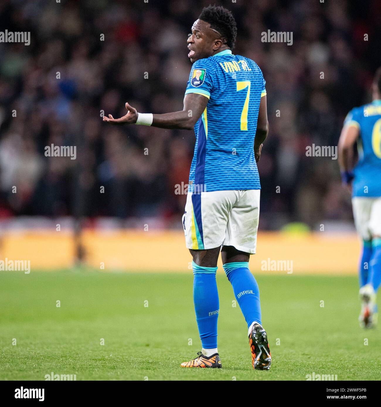 London, UK. 23 March, 2024. Vinicius Junior #7 of Brazil gesticulates during the International Friendly match between England and Brazil at Wembley Stadium, London on Saturday 23rd March 2024. (Photo: Mike Morese | MI News) Credit: MI News & Sport /Alamy Live News Stock Photo