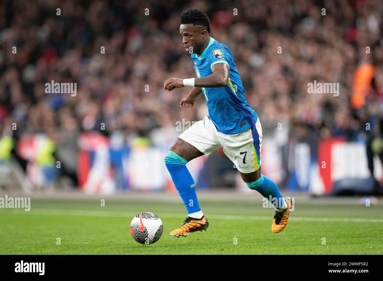 London, UK. 23 March, 2024. Vinicius Junior #7 of Brazil in action during the International Friendly match between England and Brazil at Wembley Stadium, London on Saturday 23rd March 2024. (Photo: Mike Morese | MI News) Credit: MI News & Sport /Alamy Live News Stock Photo