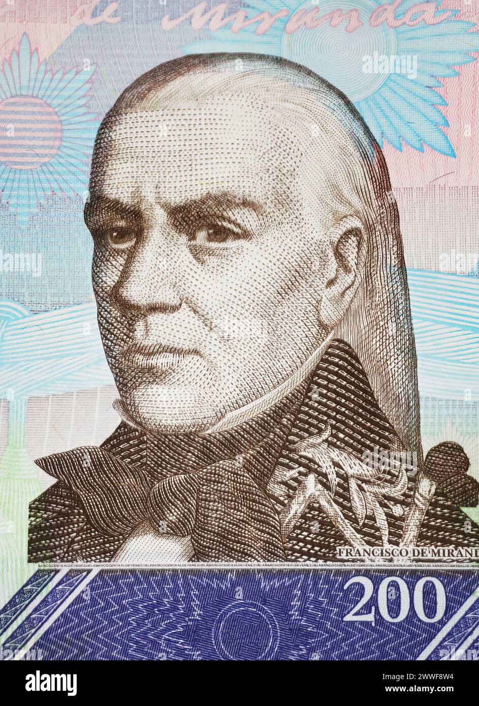 Portrait of military leader Francisco de Miranda on Venezuela Bolivar currency banknote (focus on center) Stock Photo