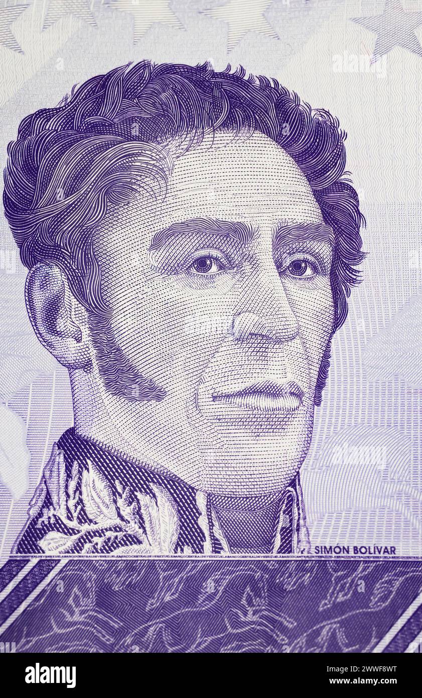 Portrait of Simon Bolivar on Venezuela Bolivar currency banknote (focus on center) Stock Photo