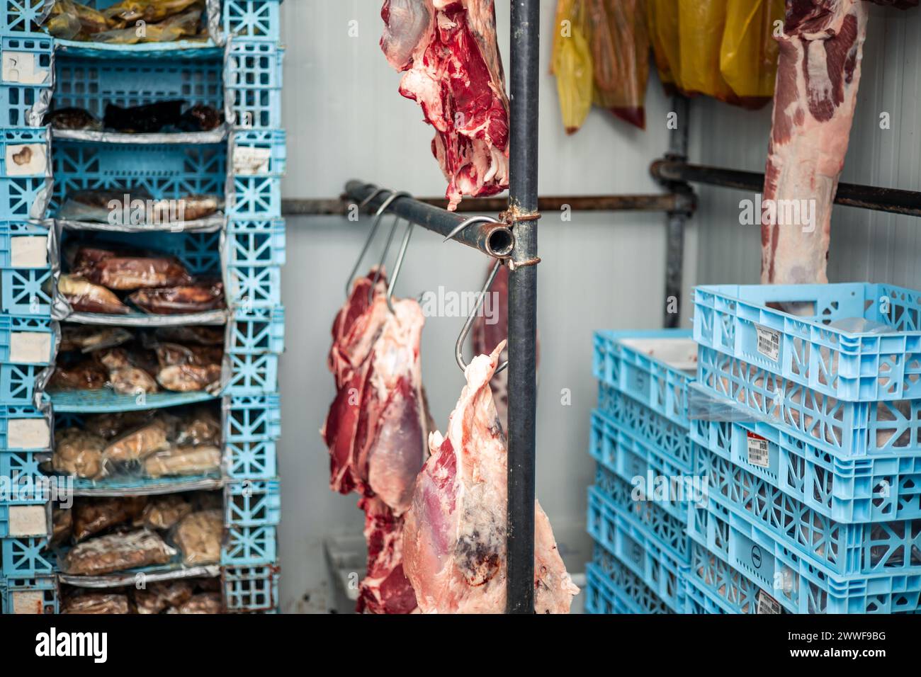 refrigerated cold storage room with several boxes of meat and beef hanging on hooks. The cold and orderly environment highlights the effectiveness of Stock Photo