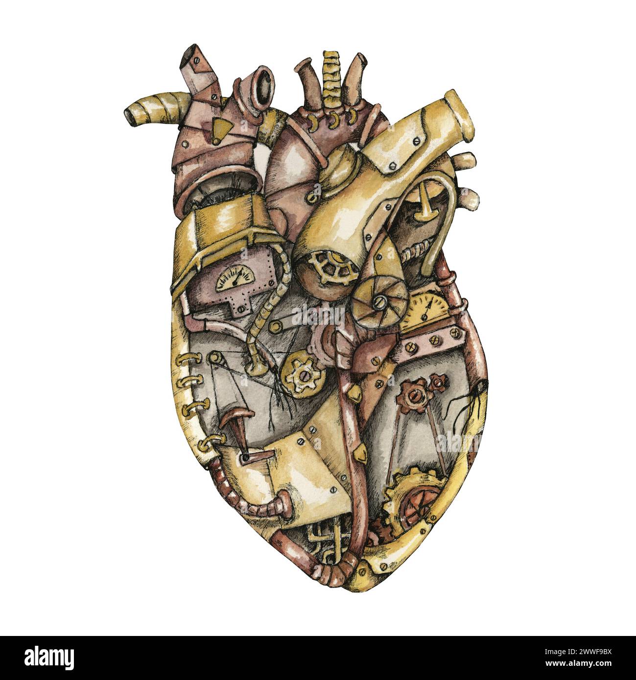 Illustration of steampunk style mechanical heart in watercolor and ...