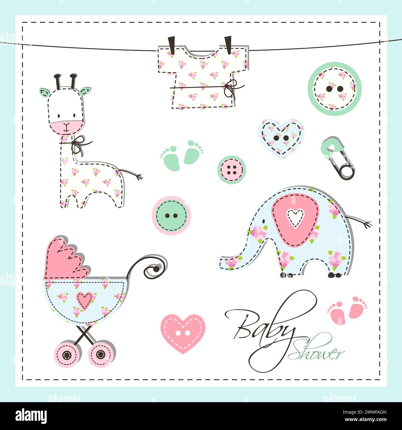 Baby boy and baby girl shower design elements. Cute Scrapbook design. Stock Vector