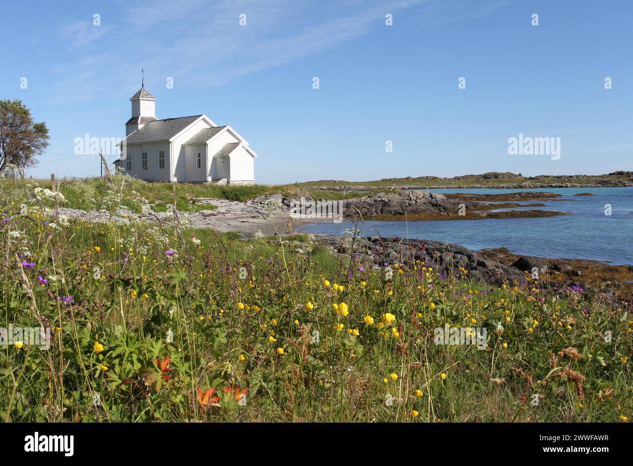 Lonely church on the beach near Leknes on the Lofoten Islands, Norway, Scandinavia Stock Photo