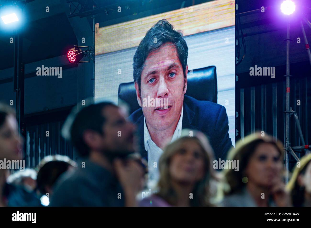 European Election 2024: Assembly of the Spanish left-wing political party Sumar A video message by Axel Kicillof, Argentinian politician and governor of the province of Buenos Aires, seen during the assembly of the Spanish left-wing political party Sumar celebrated at the La Nave de Villaverde events center in Madrid. Madrid La Nave de Villaverde Madrid Spain Copyright: xAlbertoxGardinx AGardin 20240324 politics Asamblea Sumar 0059 Stock Photo