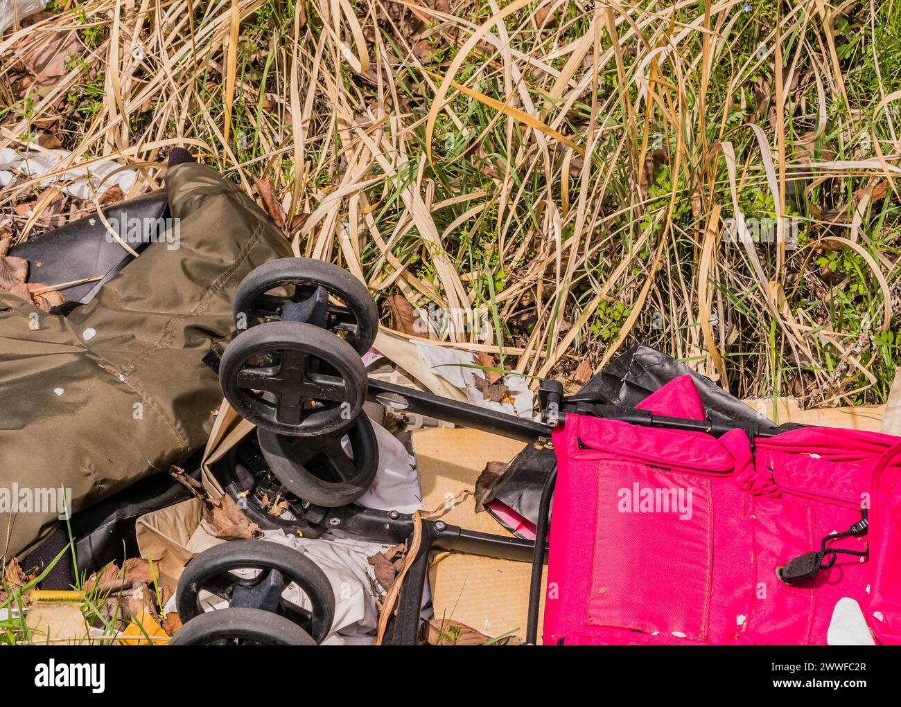 Discarded luggage and a baby stroller among debris on grass, in South Korea Stock Photo