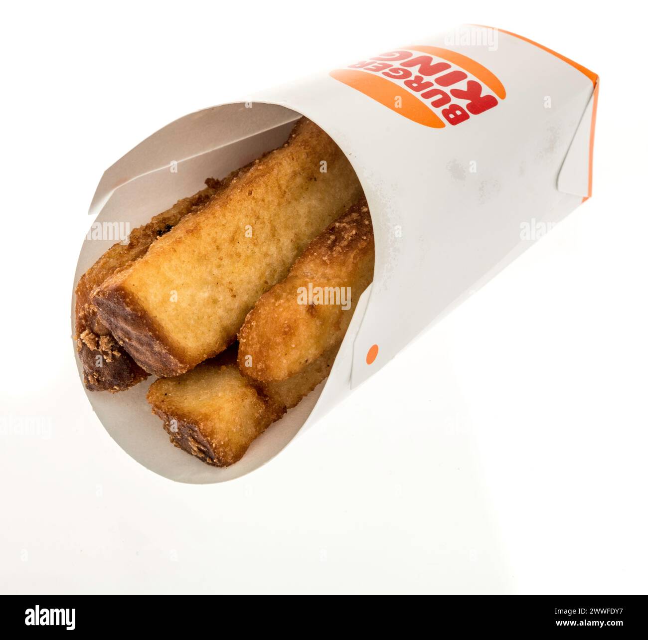 Winneconne, WI - 15 March 2024: A package of Burger King breakfast French toast sticks on an isolated background. Stock Photo