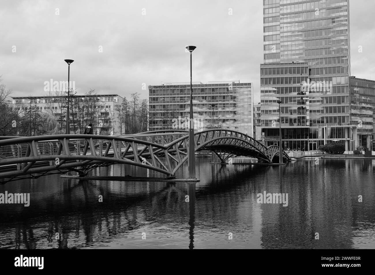 Building and bridge in the Mediapark, black and white, Cologne, Germany Stock Photo