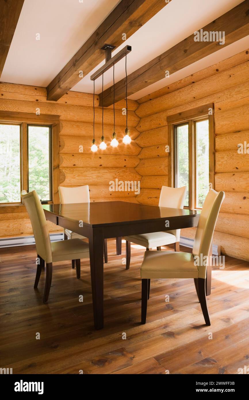 Brown wooden table and white cotton cloth upholstered high back chairs in dining room inside contemporary style log home, Quebec, Canada Stock Photo