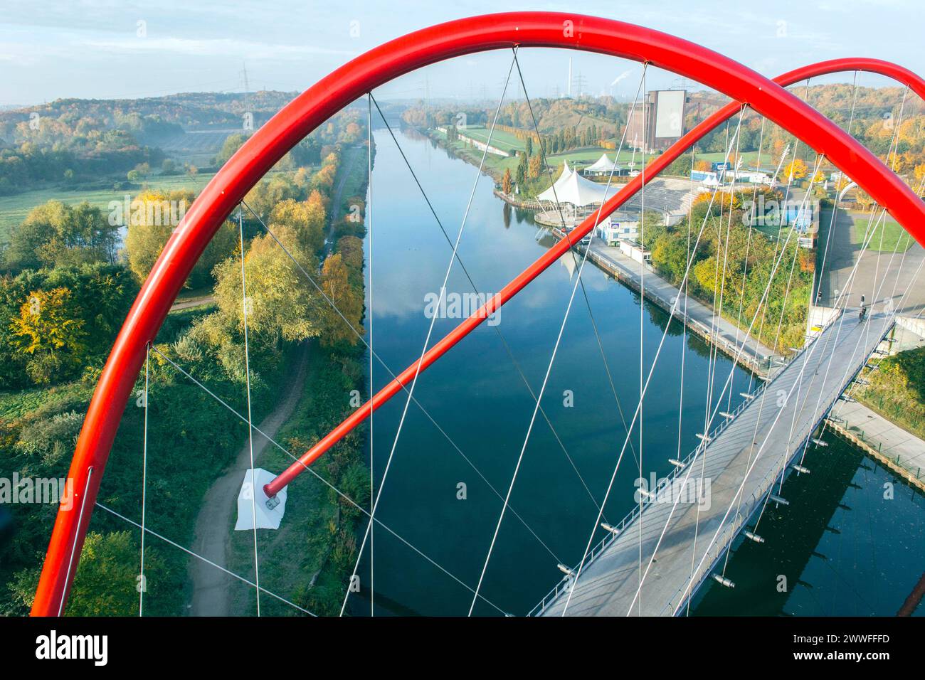 Aerial view of the double arch bridge, 28 October 2015. The Nordsternpark double arch bridge is a foot and cycle path bridge over the Rhine-Herne Stock Photo