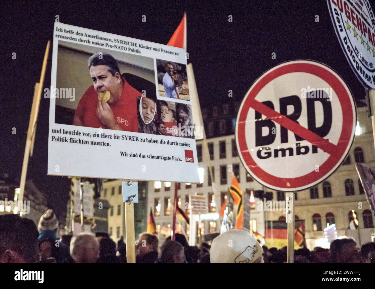 Pegida demonstration at the theatre square in Dresden. At this rally, Pegida founder Bachmann compared Federal Minister of Justice Heiko Maas to Stock Photo