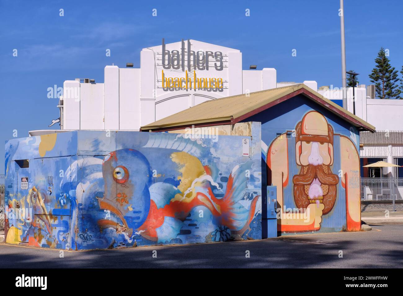 Street art on industrial building and Bathers Beach House restaurant in Fremantle, Perth, Western Australia Stock Photo