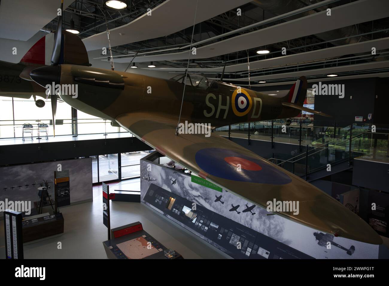 Spitfire hanging in the visitor Centre of the Battle of Britain Bunker Stock Photo