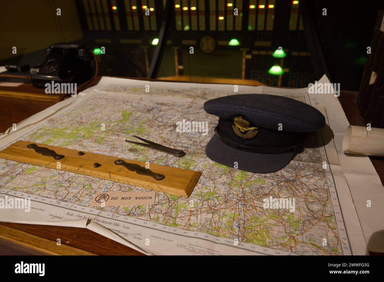 RAF cap and map  in the Control Room at the Battle of Britain Bunker Stock Photo