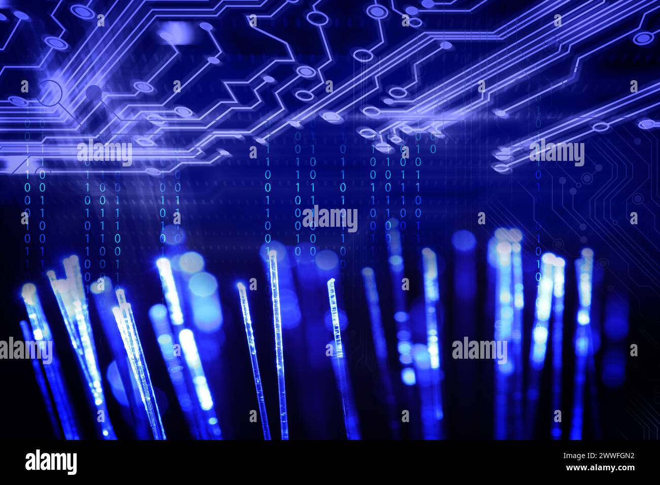 Optical fiber strands, binary code and circuit board, multiple exposure Stock Photo