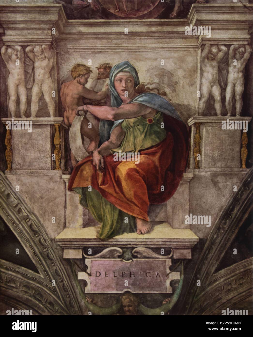 Michelangelo Buonarroti's 'Delphic Sibyl' (circa 1508-1512): Featured on the Sistine Chapel ceiling, Vatican City, this fresco represents one of the pagan prophetesses granted foresight by the gods. Michelangelo's depiction of the Delphic Sibyl, with her intense gaze and dynamic posture, exemplifies the High Renaissance's blend of classical mythology with Christian themes. Stock Photo