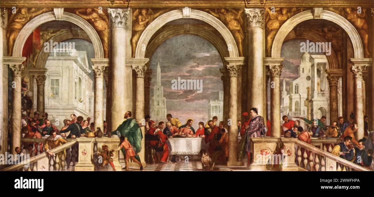 Paolo Veronese's 'Feast in the House of Levi' (circa 1573): Initially intended as a depiction of the Last Supper, this painting, housed in the Gallerie dell'Accademia in Venice, became known for its grand scale and detailed representation of a biblical feast. After drawing criticism from the Inquisition for its inclusion of secular elements, Veronese renamed the work, emphasizing its celebratory nature. Stock Photo