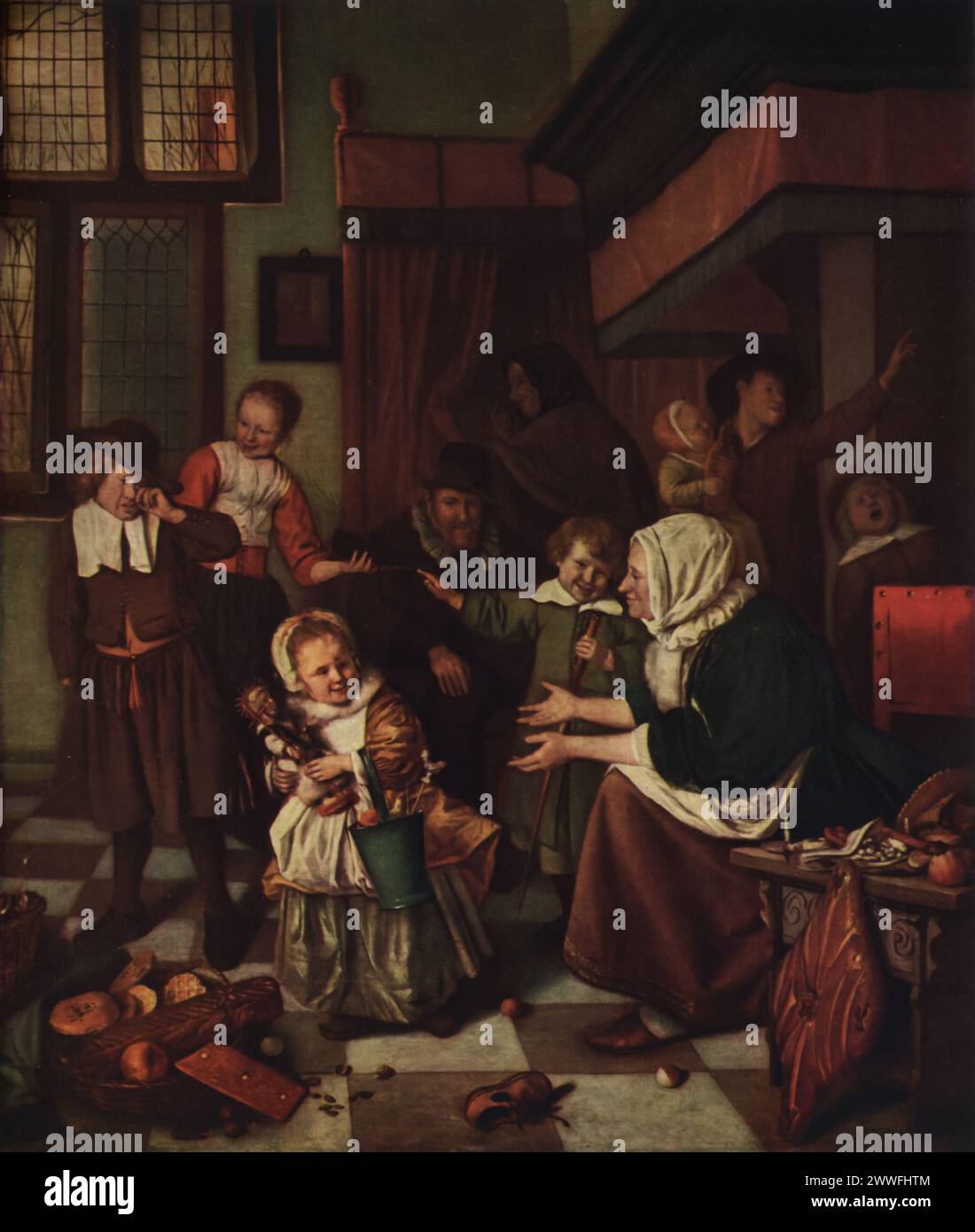 Jan Steen's 'The Feast of St. Nicholas' (circa 1665-1668): Found in the Rijksmuseum, Amsterdam, this painting vividly captures the joy and excitement of St. Nicholas Day in a Dutch home. The painting reflects the Dutch Golden Age's interest in domestic scenes and social customs, showcasing Steen's talent for infusing everyday moments with humor and warmth. Stock Photo
