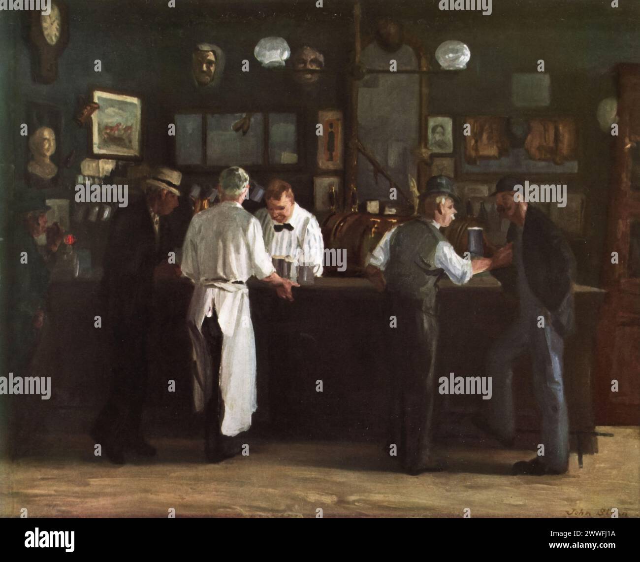 John Sloan's 'McSorley's Bar' (circa 1912): Located in the Detroit Institute of Arts, this painting captures the interior of McSorley’s Old Ale House, one of New York City's oldest bars, frequented by Sloan and other members of the Ashcan School. Sloan's work is celebrated for its vibrant depiction of everyday life, capturing the camaraderie and character of the early 20th-century tavern's patrons with warmth and realism. Stock Photo