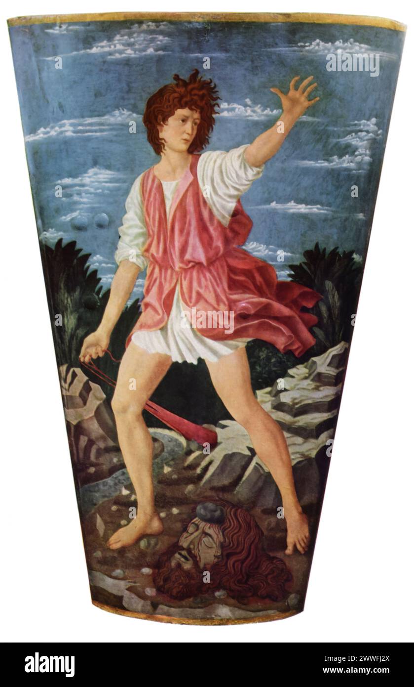 Andrea del Castagno's 'David' (circa 1450): This fresco depicts the biblical hero David, triumphant with Goliath's head at his feet. Castagno's rendition is celebrated for its vivid realism and dynamic expression, showcasing the artist's mastery in capturing the essence of human strength and victory. The work is notable for its detailed attention to anatomy and the use of perspective, reflecting the period's growing interest in naturalism and individualism. Stock Photo