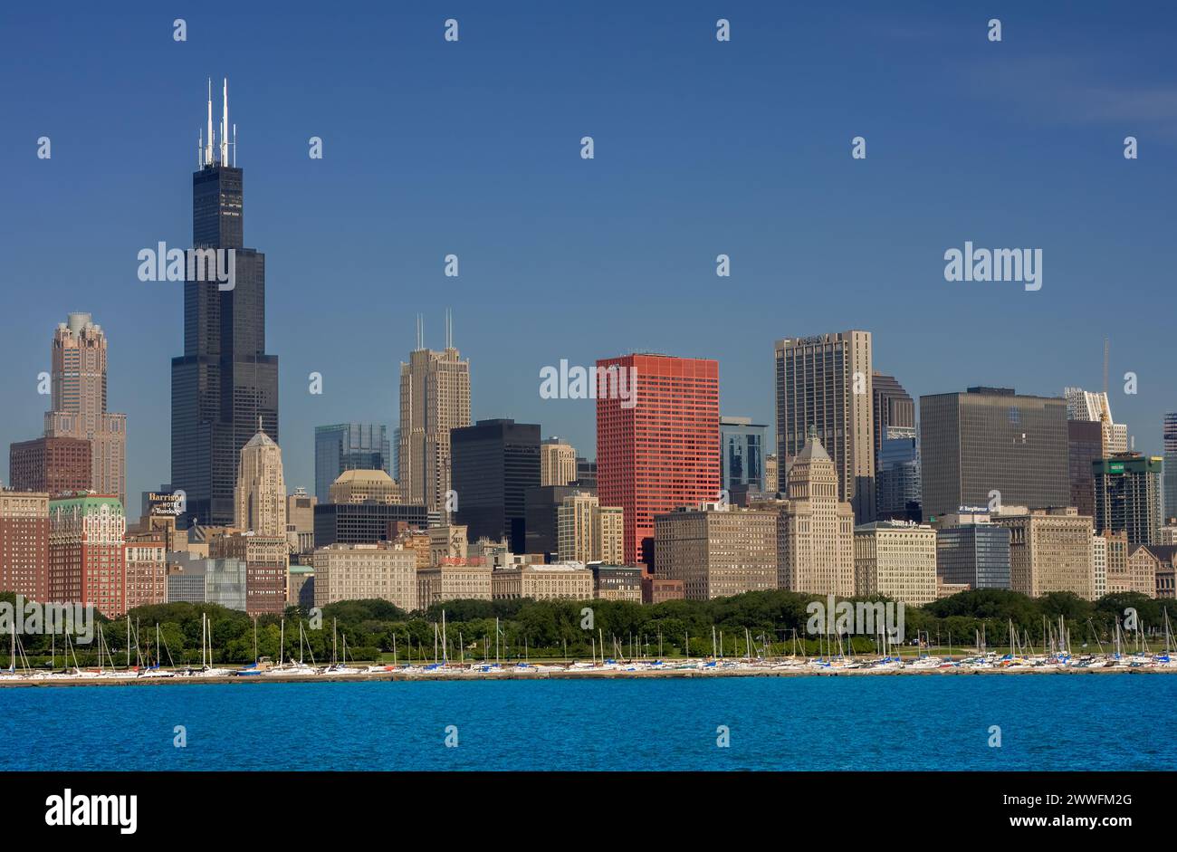 Chicago, Illinois.  Skyline at Morning from Adler Planetarium.  Willis Tower (formerly Sears Tower) on Left, Lake Michigan in Foreground. Stock Photo