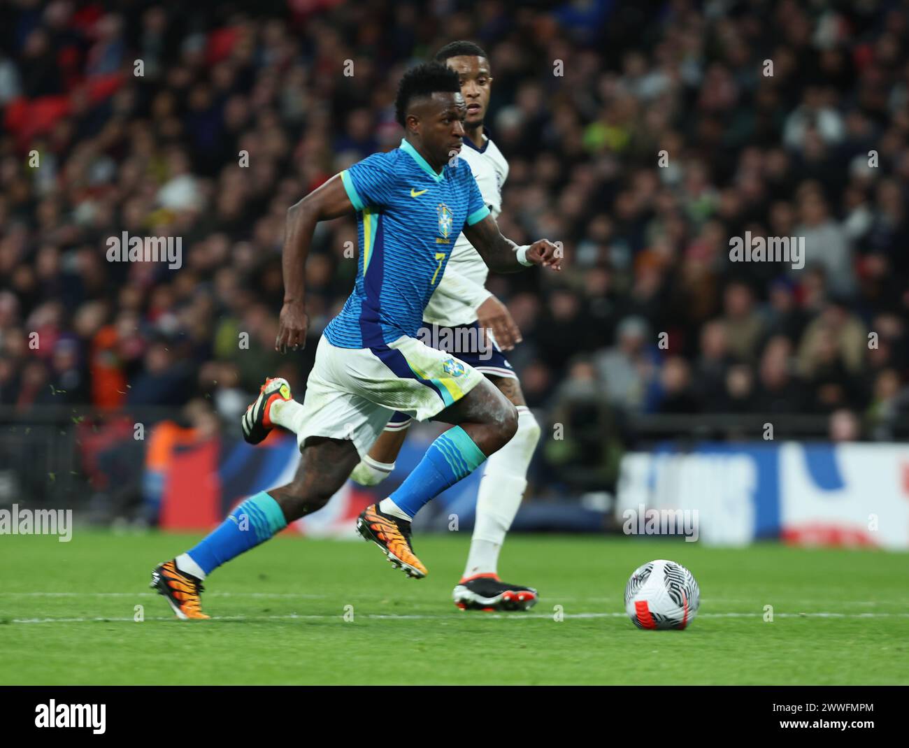 London, UK. 23rd Mar, 2024. Vinicius Junior(Real Madrid)of Brazil in action during International Friendly soccer match between England and Brazil at Wembley stadium, London, UK - 23rd March 2024. Credit: Action Foto Sport/Alamy Live News Stock Photo