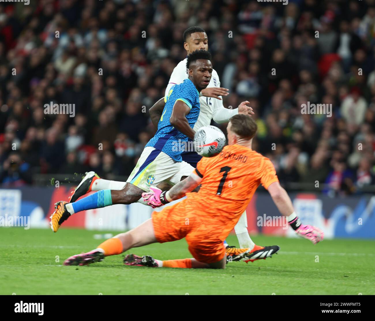London, UK. 23rd Mar, 2024. Vinicius Junior(Real Madrid)of Braziland Jordan Pickford(Everton)of England in action during International Friendly soccer match between England and Brazil at Wembley stadium, London, UK - 23rd March 2024. Credit: Action Foto Sport/Alamy Live News Stock Photo