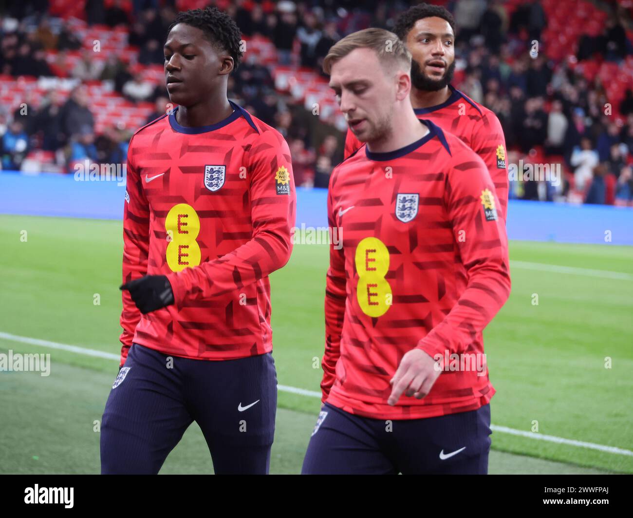 London, UK. 23rd Mar, 2024. L-R Kobbie Mainoo(Manchester United)of England making his Debut and n18 during the pre-match warm-up during International Friendly soccer match between England and Brazil at Wembley stadium, London, UK - 23rd March 2024. Credit: Action Foto Sport/Alamy Live News Stock Photo