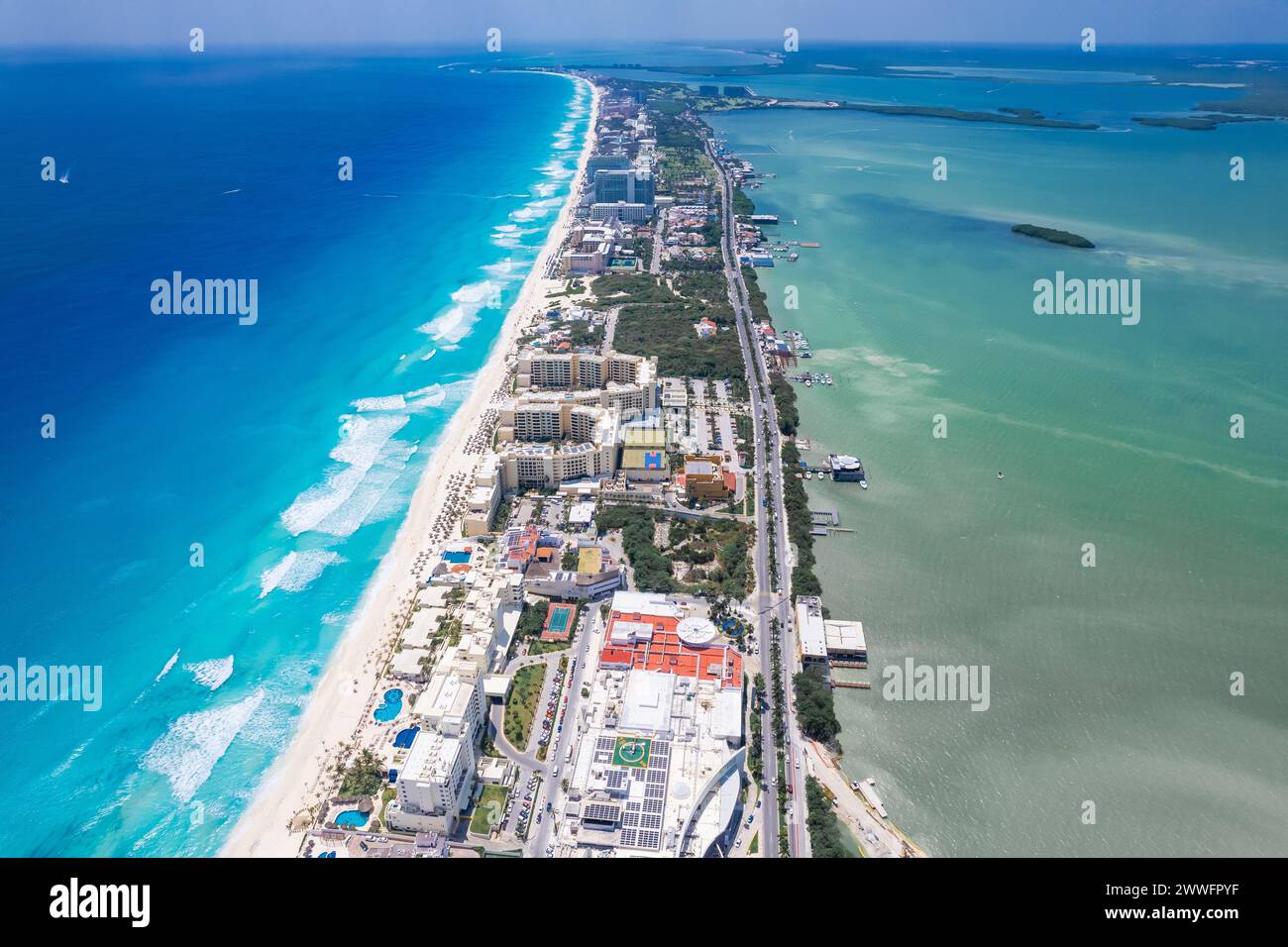 Drone view of Cancun Hotel Zone, Mexico Stock Photo