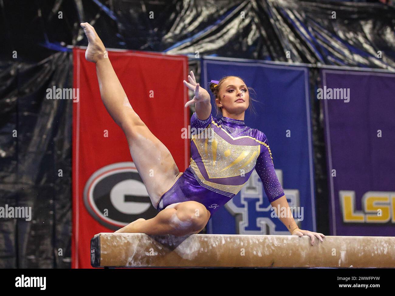 March 23, 2024: LSU's Savannah Schoenherr competes on the balance beam during the 2024 SEC Gymnastics Championships at Smoothie King Center in New Orleans, LA Kyle Okita/CSM (Credit Image: © Kyle Okita/Cal Sport Media) Stock Photo