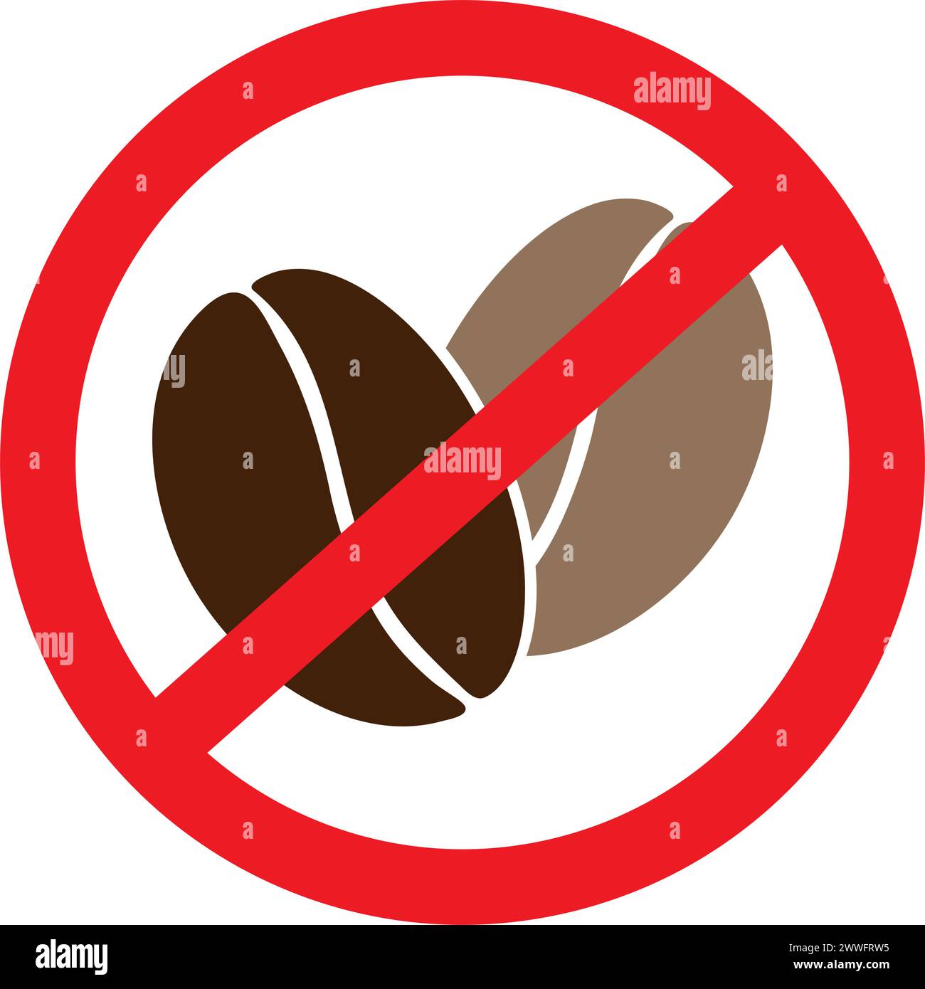 2 coffee beans under the ban thing. No caffeine Prohibition sign. Sticker Icon Pointer design idea. Isolate. EPS. Vector for cards, posters, banners, brochures, billboards, price tag, label or web Stock Vector