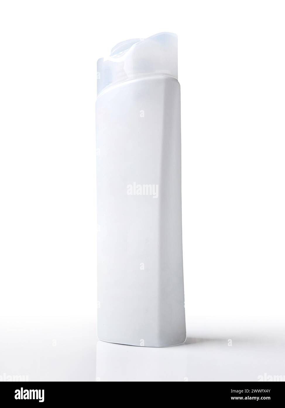 Realistic Blank White Plastic bottle of shampoo or conditioner or cosmetic on isolated white background. Low angle. Stock Photo