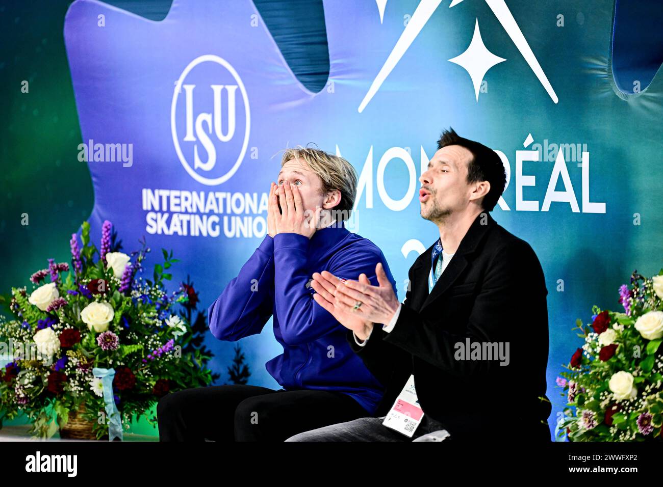 Ilia MALININ (USA) at Kiss & Cry with Roman Skorniakov during Men Free ...