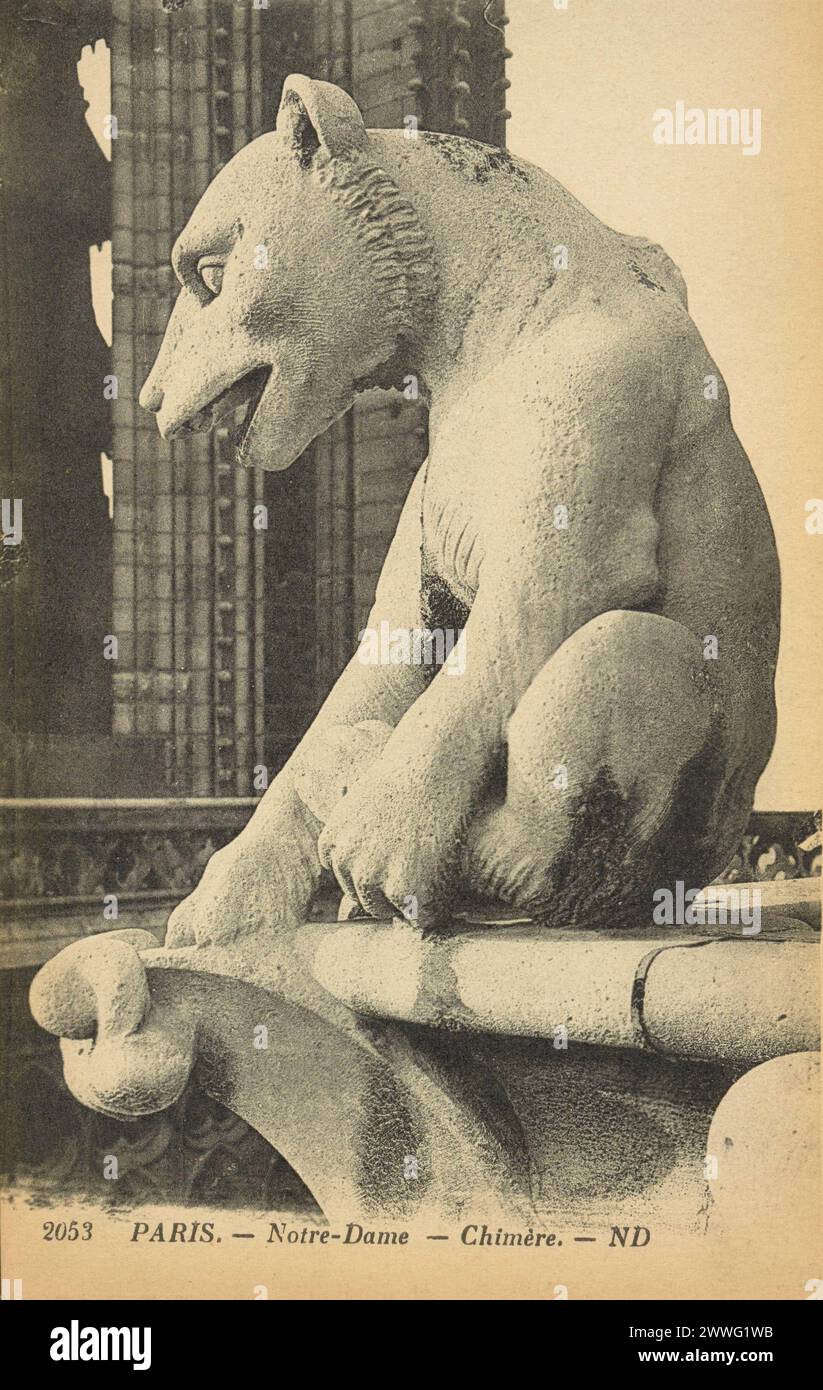 Black and white postcard of a grotesque Chimera statue on the roof of ...