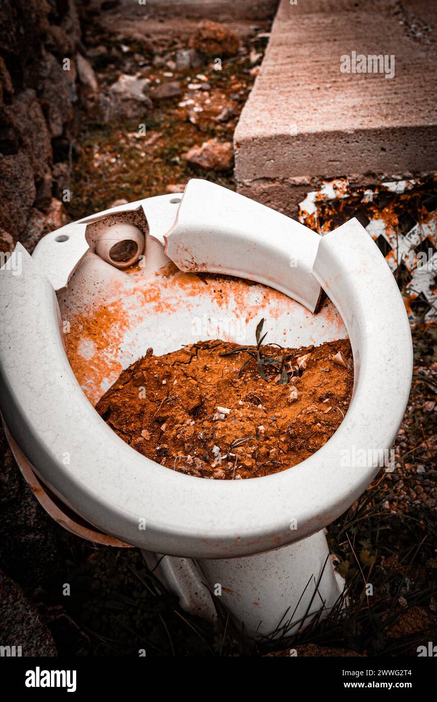 A discarded toilet in nature, a statement on pollution and disregard. Stock Photo