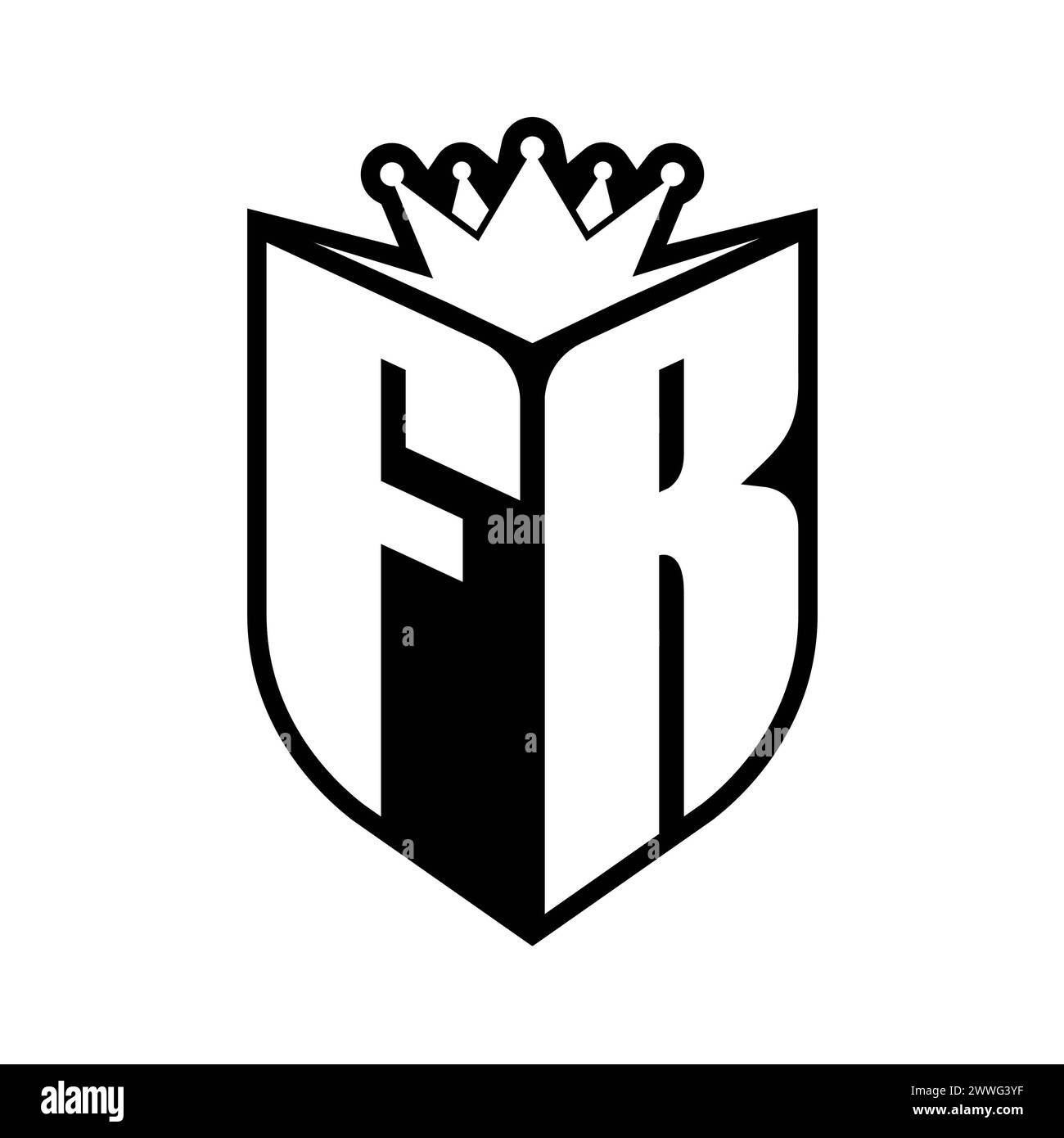 FR Letter bold monogram with shield shape and sharp crown inside shield black and white color design template Stock Photo