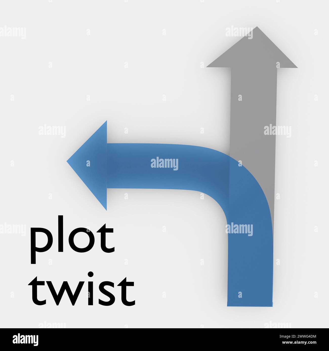 3D illustration of a gray straight arrow pointing upword and a blue curved arrow, titled as Plot Twist. Stock Photo