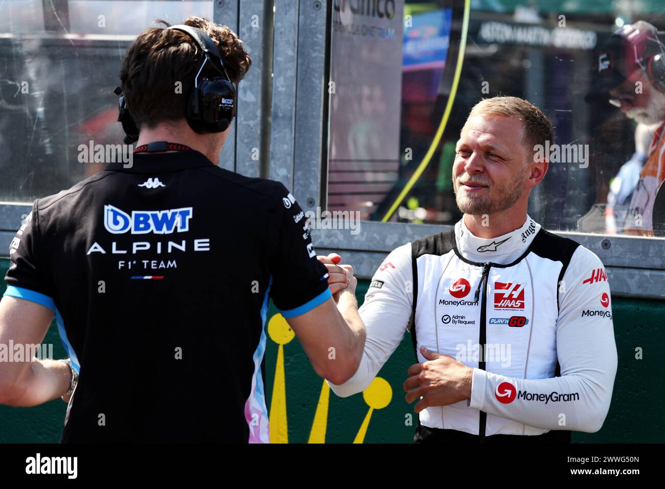 Melbourne, Australia. 24th Mar, 2024. (L to R): Jack Doohan (AUS) Alpine F1 Team Reserve Driver with Kevin Magnussen (DEN) Haas F1 Team on the grid. Formula 1 World Championship, Rd 3, Australian Grand Prix, Sunday 24th March 2024. Albert Park, Melbourne, Australia. Credit: James Moy/Alamy Live News Stock Photo