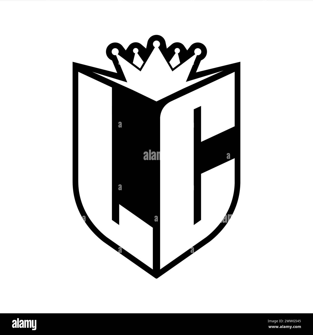 LC Letter bold monogram with shield shape and sharp crown inside shield black and white color design template Stock Photo