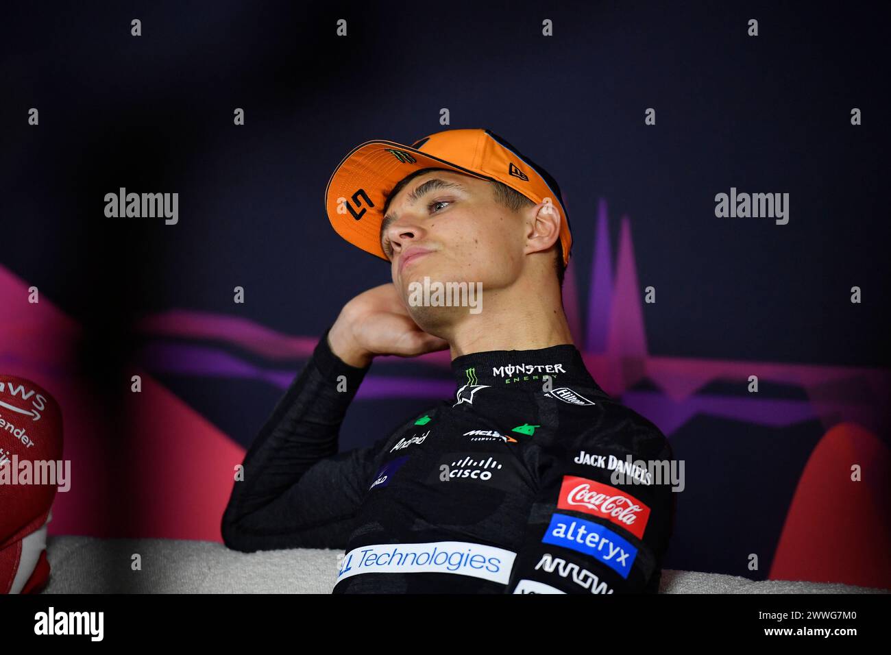 MELBOURNE, AUSTRALIA 24 March 2024. 04 Lando Norris (GBR) McLaren Formula 1 Team came third in the Australian Grand Prix, Norris is seen here at the post race press conference at the FIA Formula 1 Rolex Australian Grand Prix 2024 3rd round from 22nd to 24th March at the Albert Park Street Circuit, Melbourne, Australia. Credit: Karl Phillipson/Alamy Live News Stock Photo