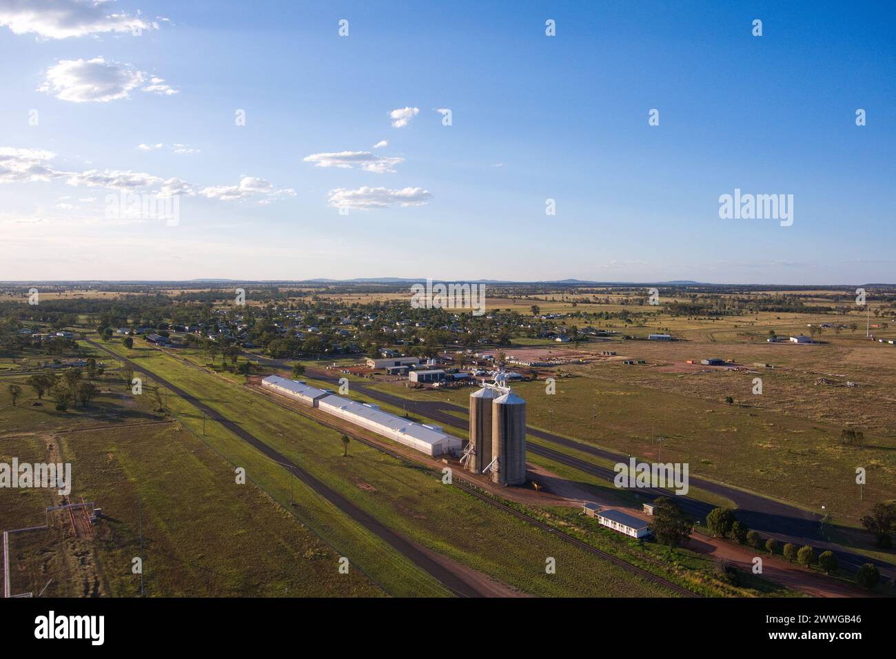 Aerial of Wallumbilla a rural town and locality in the Maranoa Region, Queensland, Australia Stock Photo
