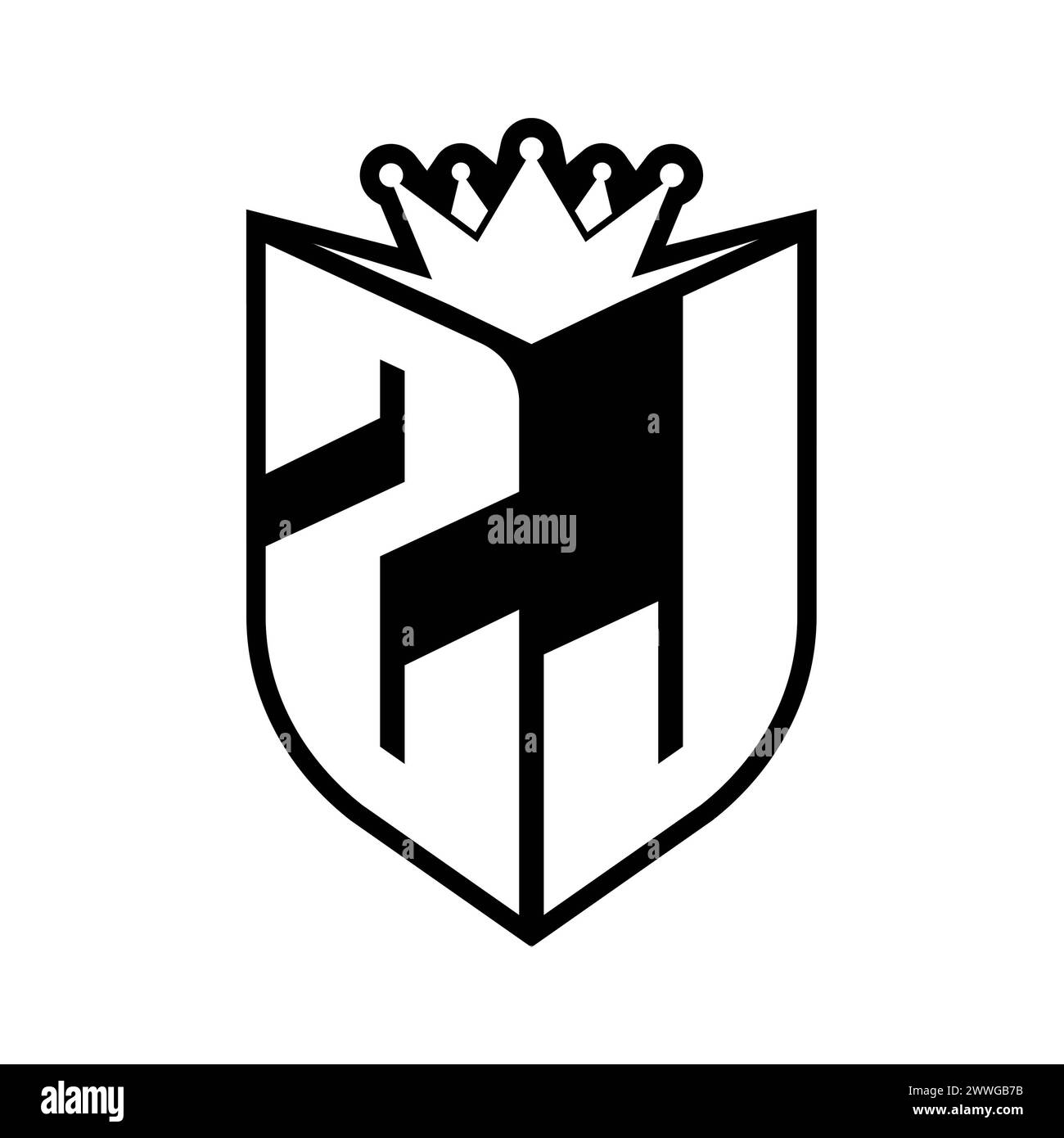 ZJ Letter bold monogram with shield shape and sharp crown inside shield ...