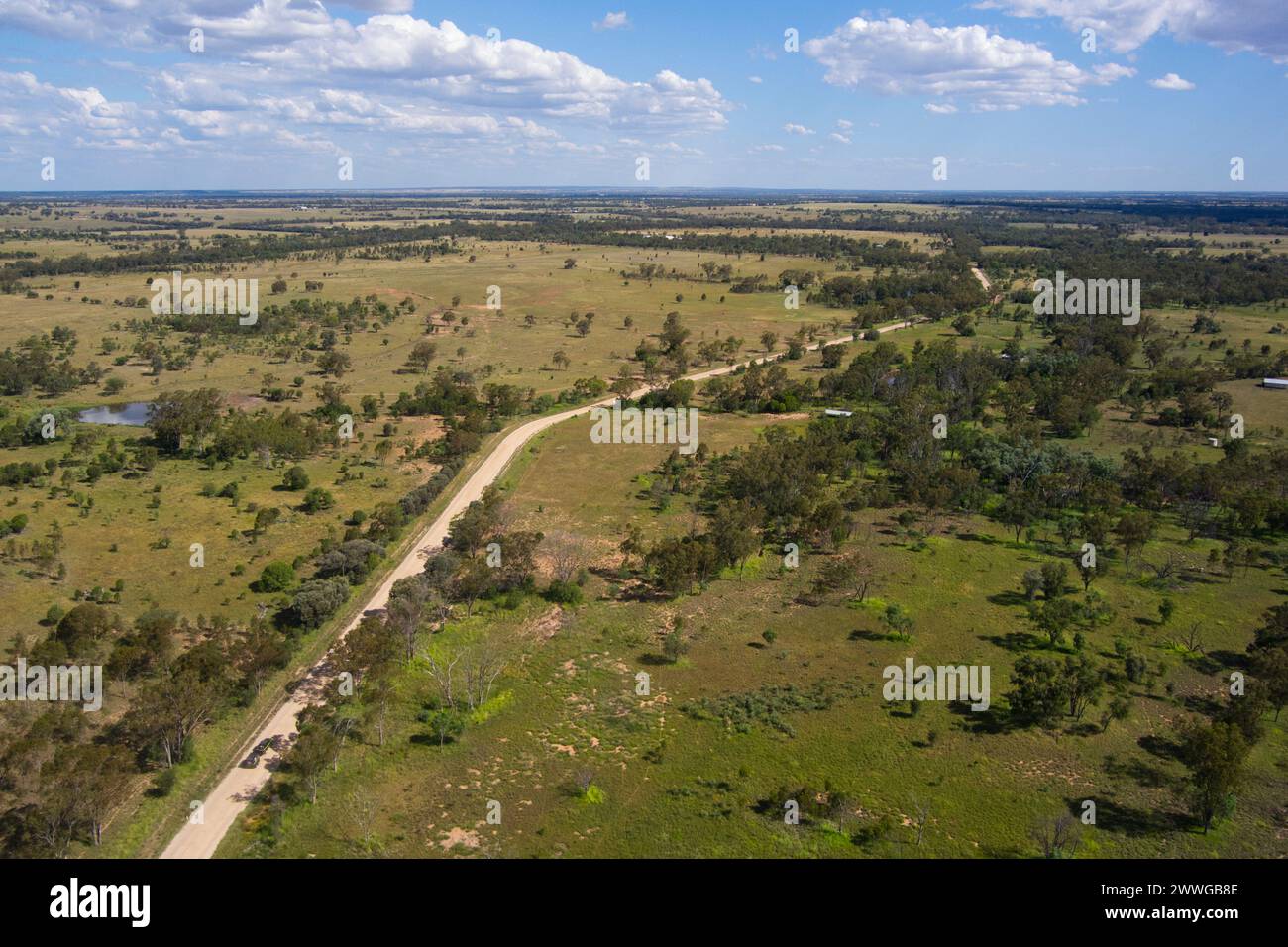 Aerial of Raslie Road North Wallumbilla locality in the Maranoa Region, Queensland, Australia Stock Photo