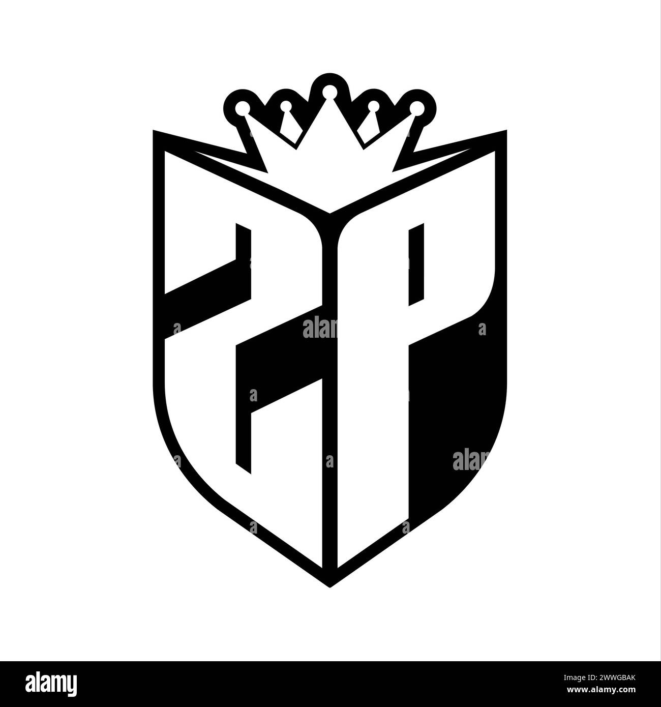 ZP Letter bold monogram with shield shape and sharp crown inside shield ...