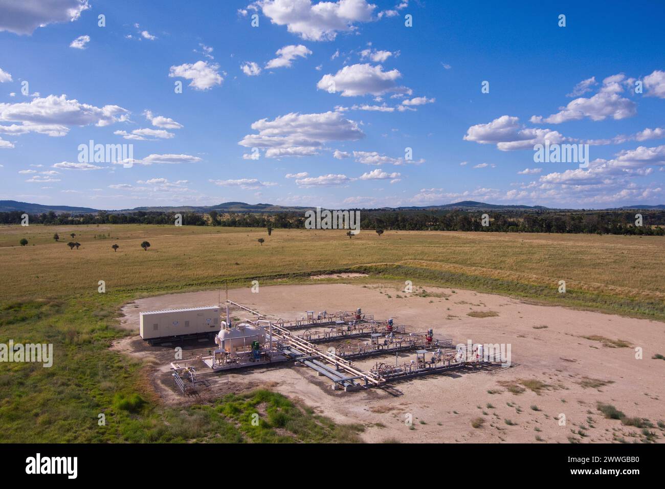 Aerial of SANTOS GLNG coal seam gas wells north of Wallumbilla a rural town and locality in the Maranoa Region, Queensland, Australia Stock Photo