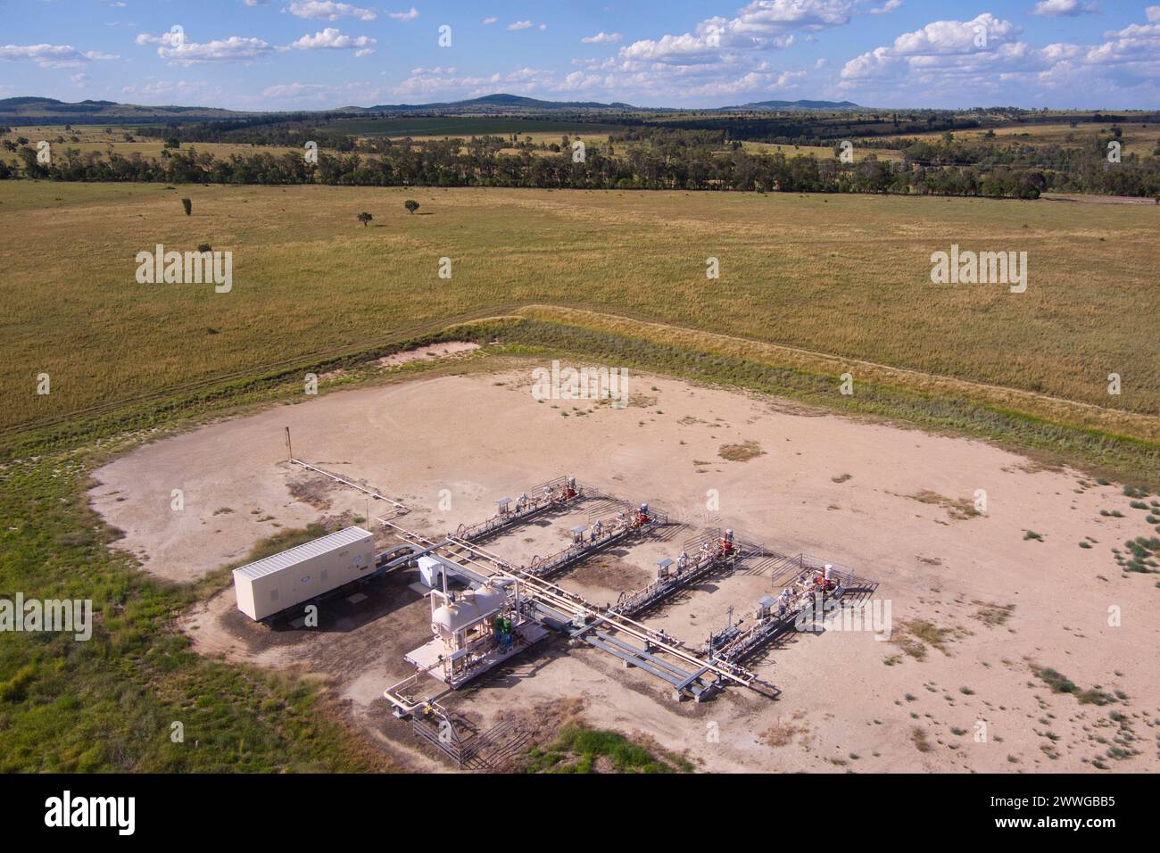 Aerial of SANTOS GLNG coal seam gas wells north of Wallumbilla a rural town and locality in the Maranoa Region, Queensland, Australia Stock Photo