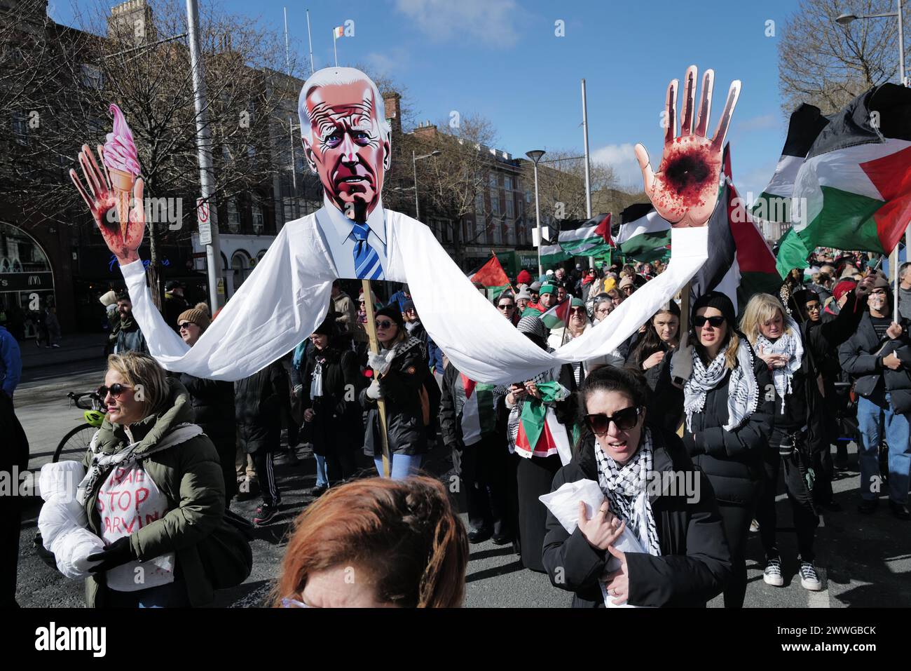 Dublin, Ireland. March 23, 2024. A pro-Palestine march has taken place in Dublin against  the war in Gaza. As this photo shows there was strong anti-Biden feeling among the protestors. Credit: Clearpiximages/Alamy Live News Stock Photo