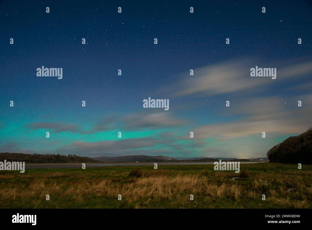 Arnside, Milnthorpe, Cumbria, UK. 24th Mar, 2025. Northern lights at