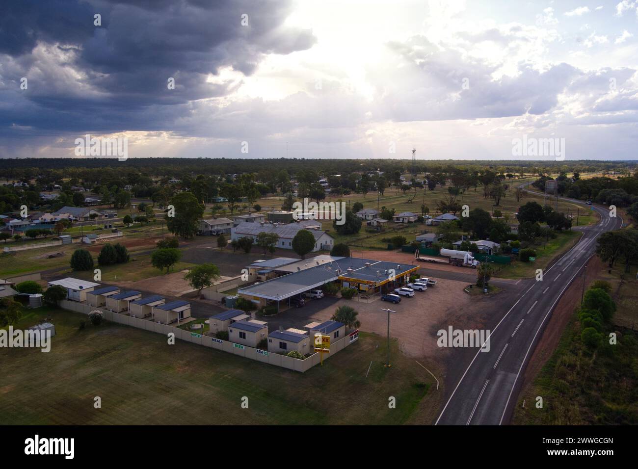 Aerial of Yuleba Hotel on the Warrego Highway Yuleba Queensland Australia Stock Photo